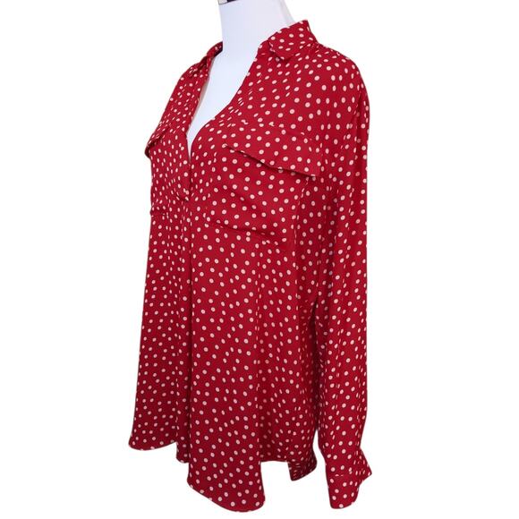 ANN TAYLOR Classic Dressy Career Blouse Top Large Pockets Red Beige Polka Dots - Picture 2 of 9